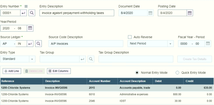  Accounting Impact for Invoice against prepayment