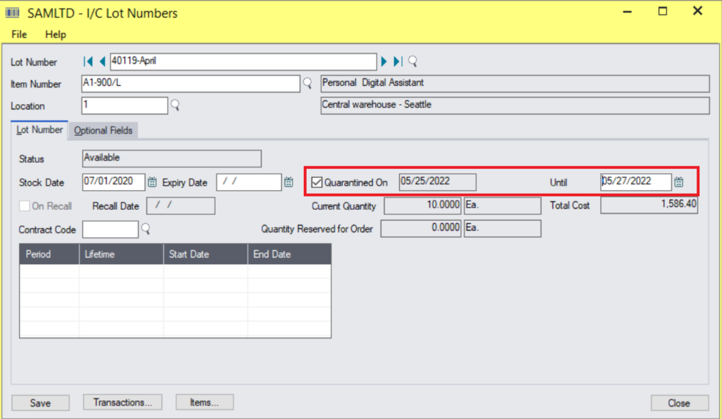 IC QUARANTINE in Sage 300