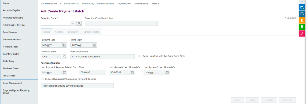 Create Payment Batch in Sage 300 Cloud