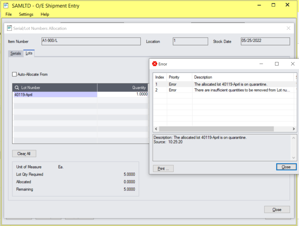 IC QUARANTINE in Sage 300 