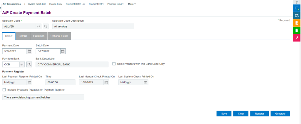Create Payment Batch in Sage 300 Cloud