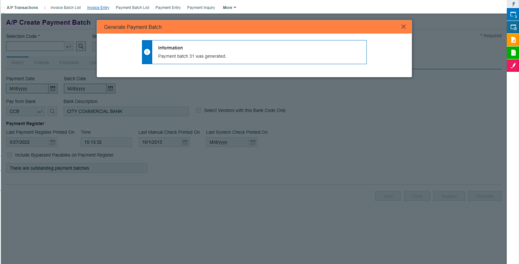 Create Payment Batch in Sage 300 Cloud