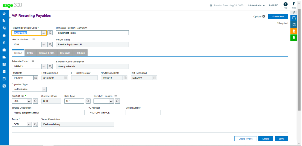 Multiple invoice in recurring payable 