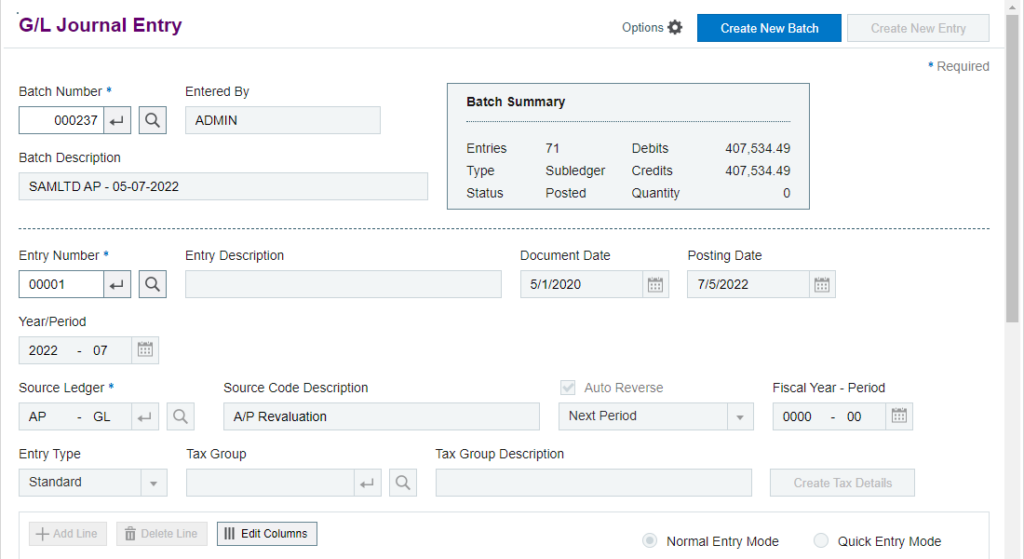 G/L Journal Entry