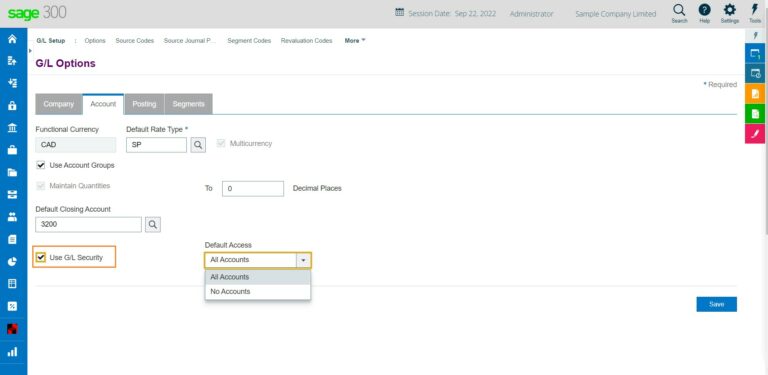 GL Security in Sage 300 Web Screen - Sage Software