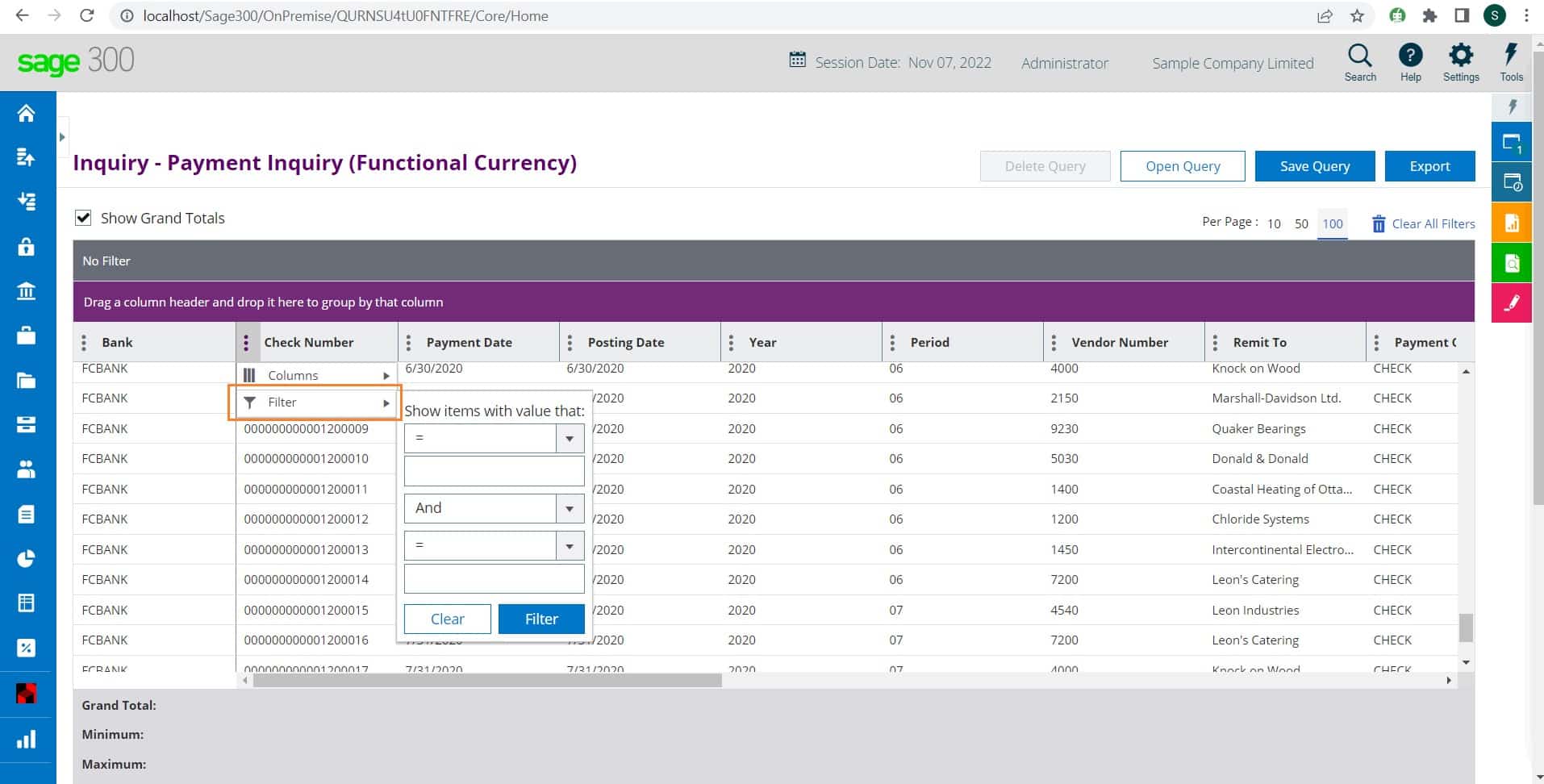 sage 300 Payment Inquiry