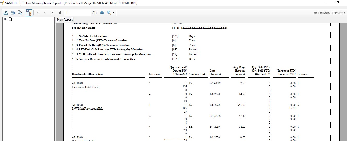 Main Report in Sage 300