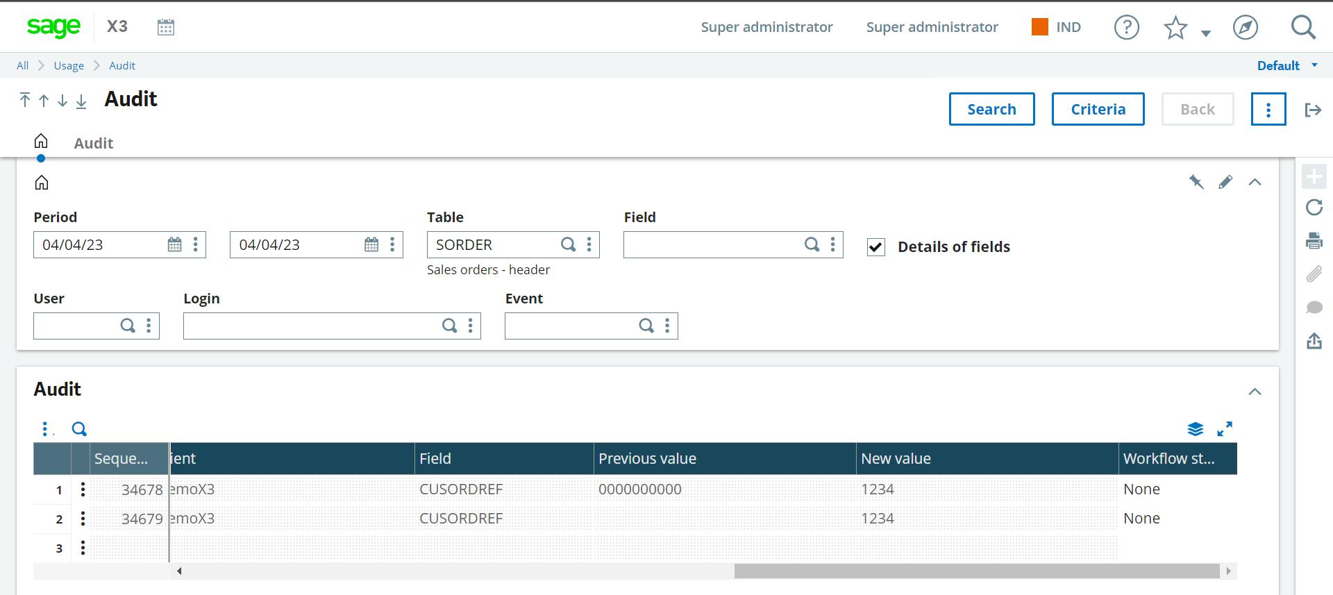 Sage X3 - audit search