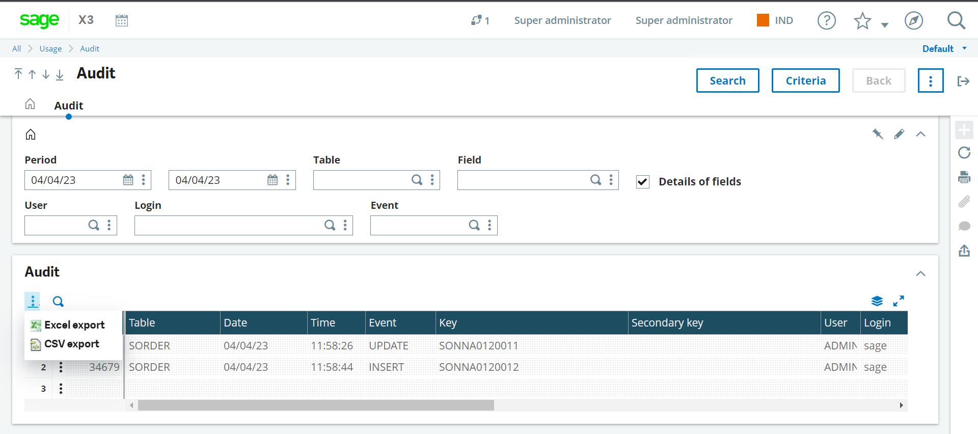 Sage X3- audit excel report