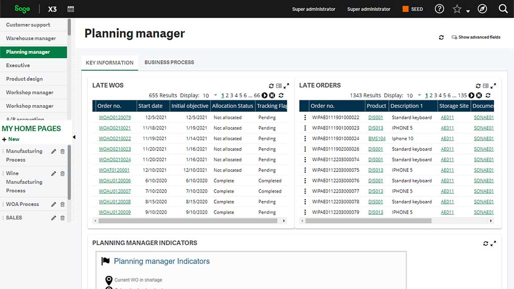 sage X3 erp planning manager dashboard