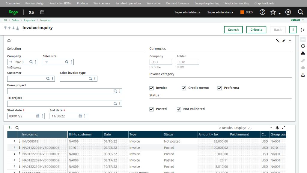 sage x3 erp invoice inquiry dashboard