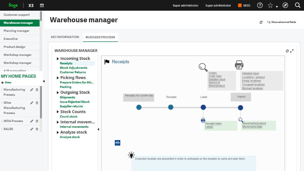 sage x3 erp warehouse manager dashboard