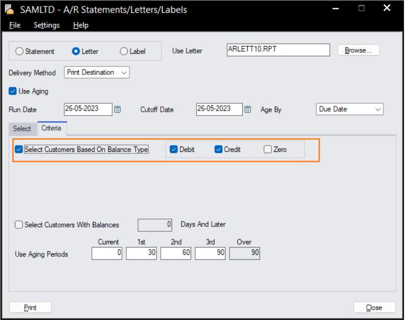 Criteria on Sage 300c