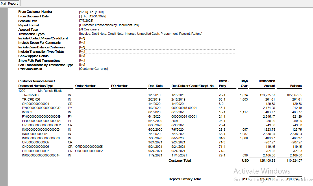 main Report in Sage 300