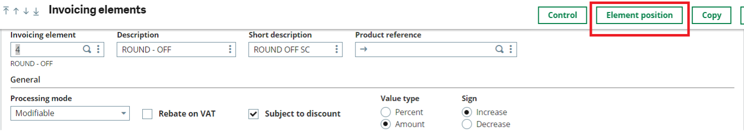 Sales Invoicing element Position 