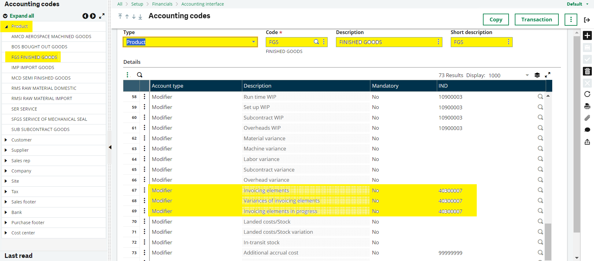 Accounting Codes in Sales