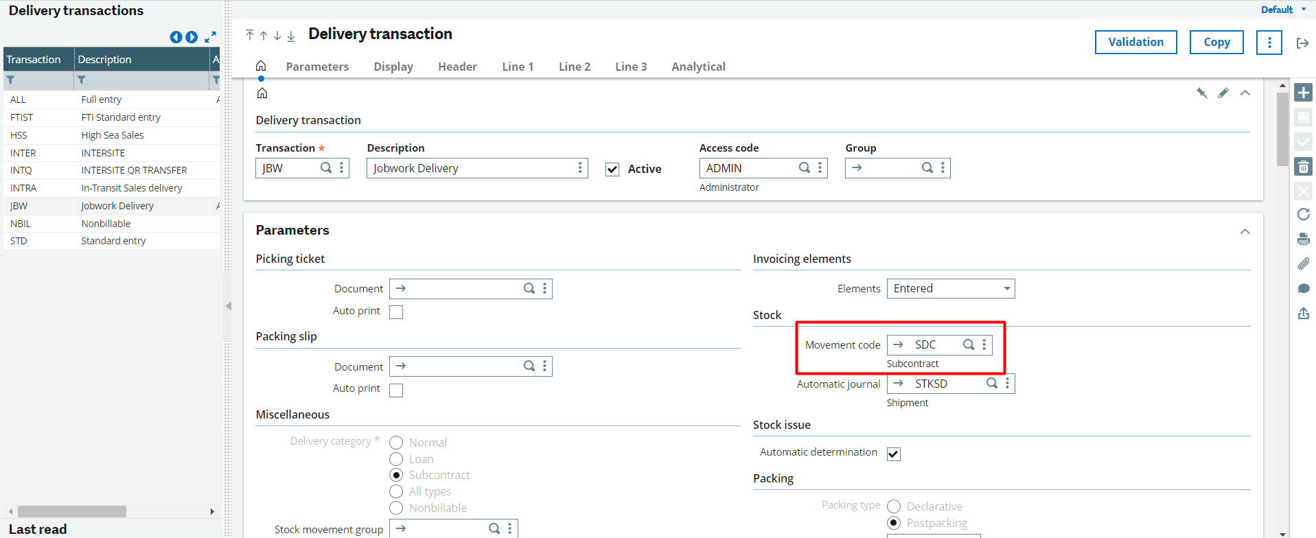 Assign this stock movement code to the delivery transaction type.