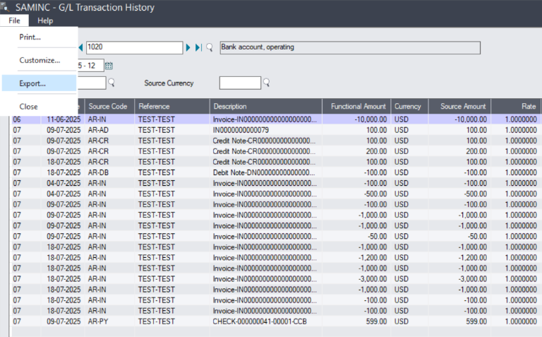 Export feature dashboard in sage 300