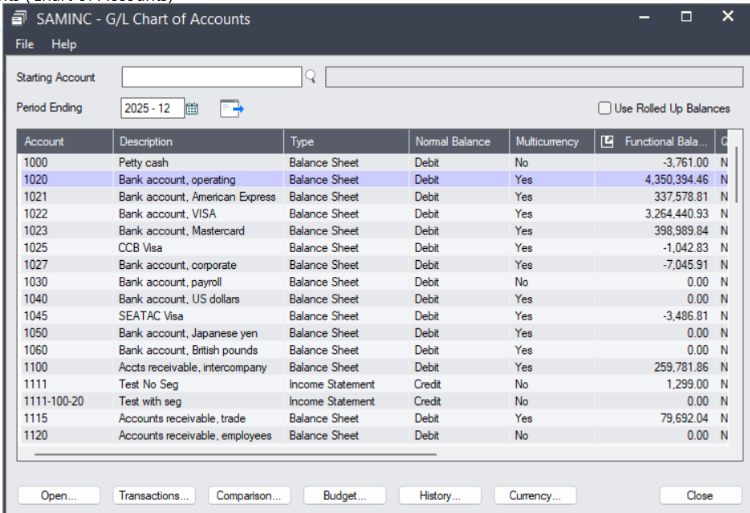 Chart of Accounts Dashboard sage 300