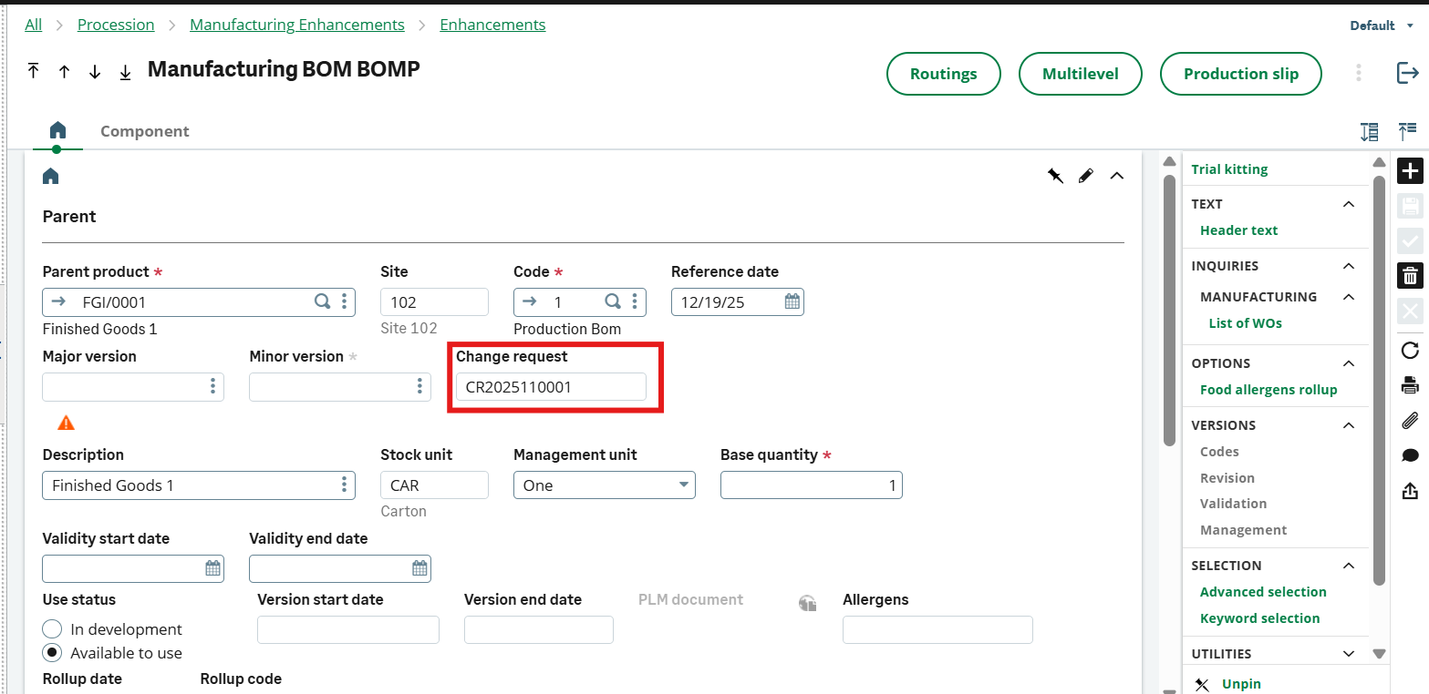 BOM and change request number