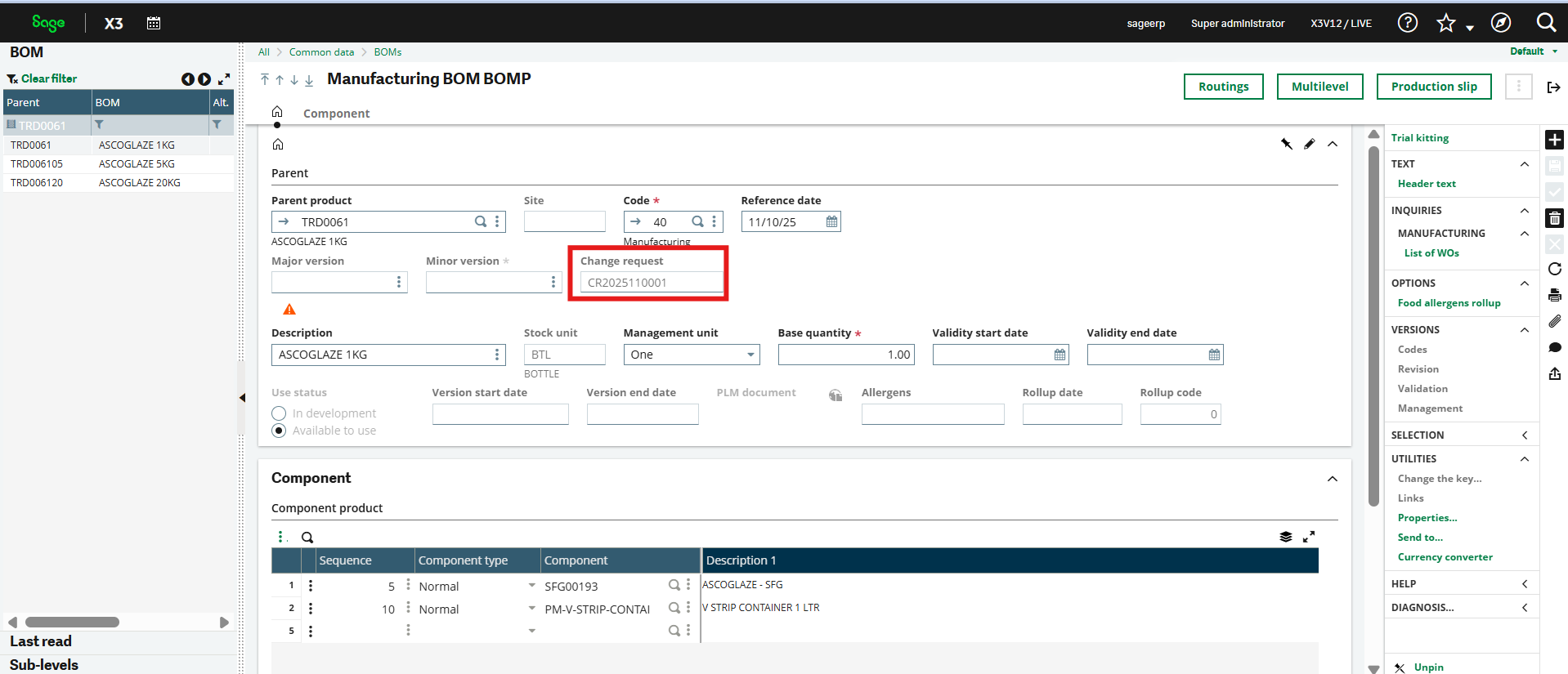 Manufacturing BOM in Change Request