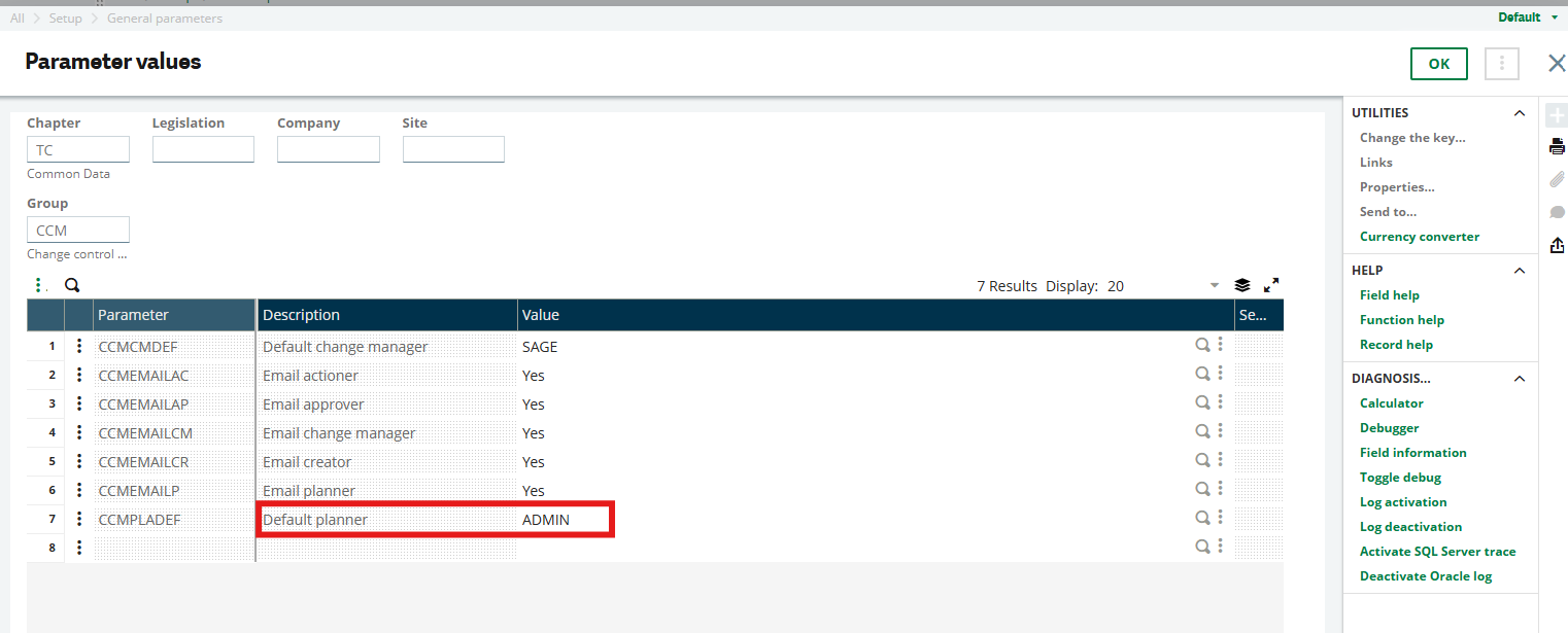 Parameter values in change request