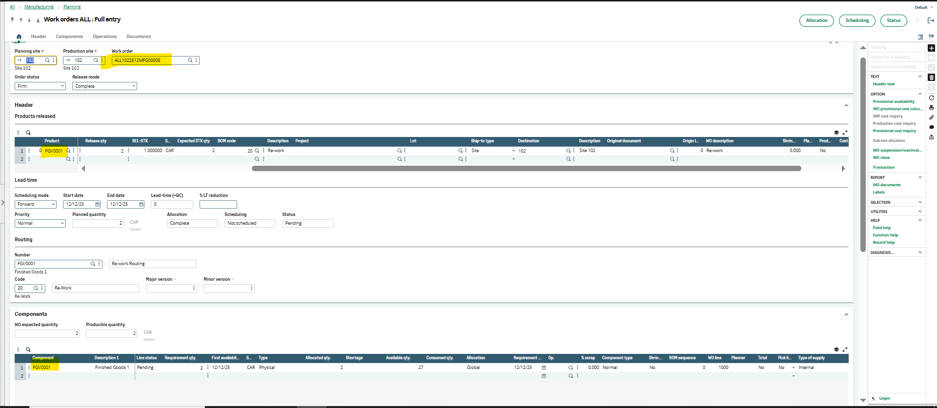 Work order full entry