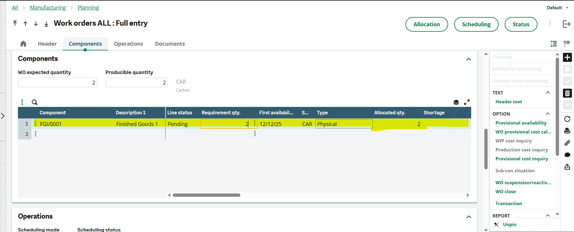 Work order - quality allocated
