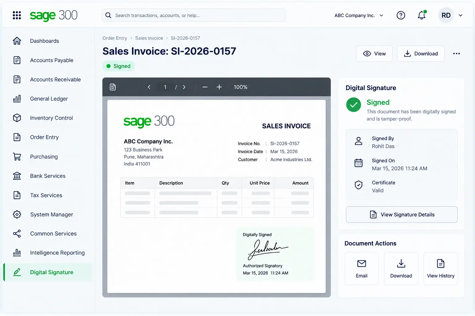 Digital Signature for Sage 300